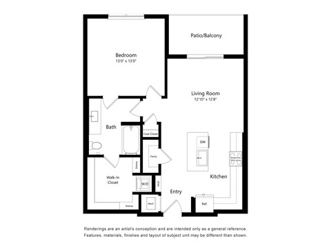 Floor plan for 1 bed, 1 bath, 807 sqft